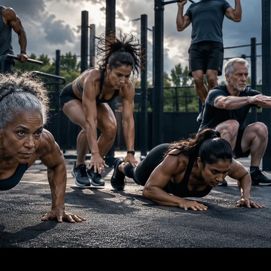 Athletes exercising together on pull-up bars and floor stations