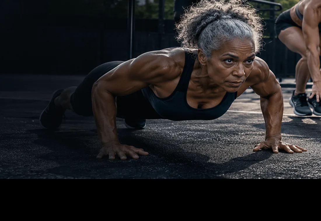 Older athlete performing a controlled push-up in a multigenerational training group
