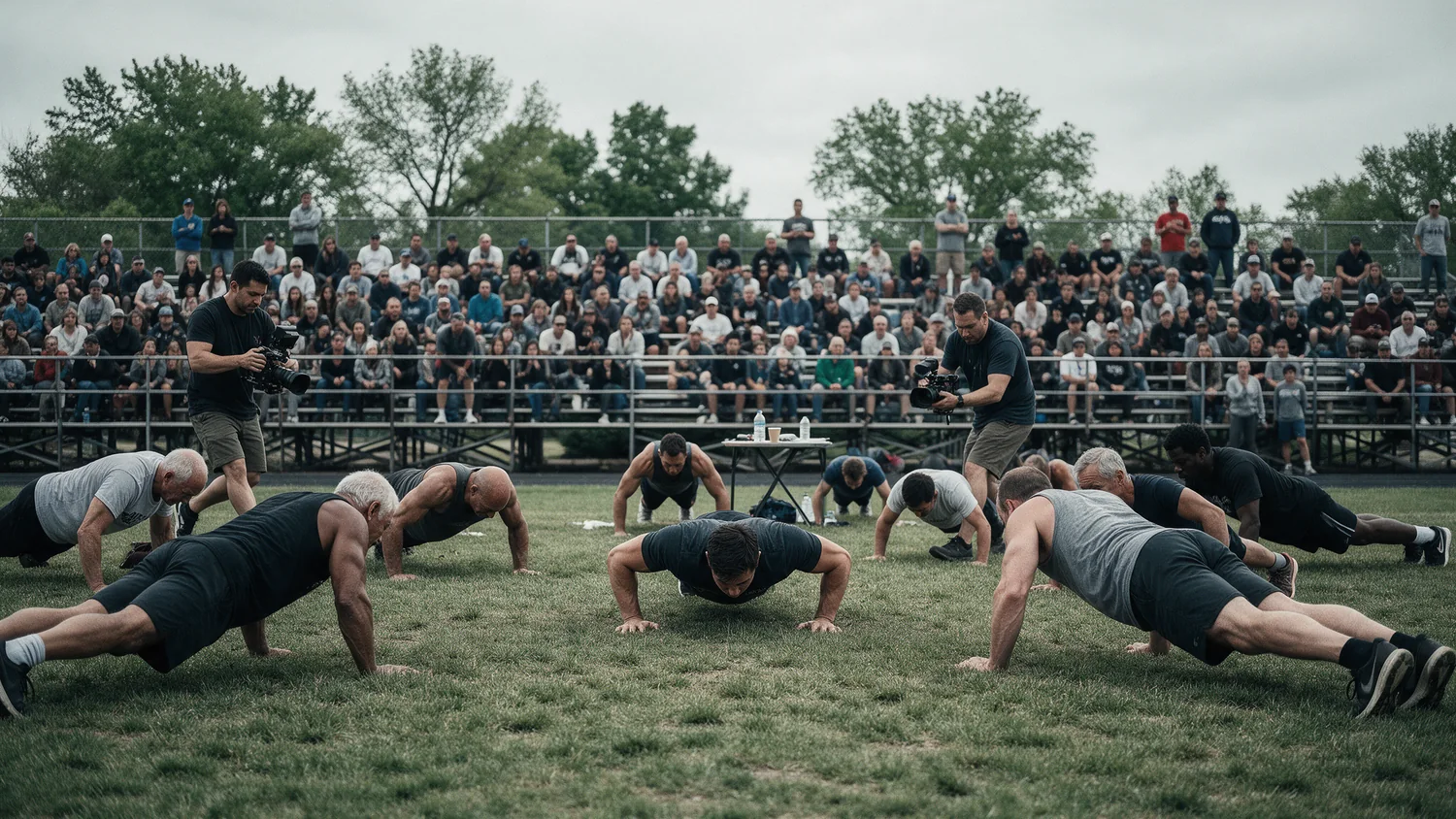 Conceptual competition scene of multigenerational athletes performing push-ups in front of spectators
